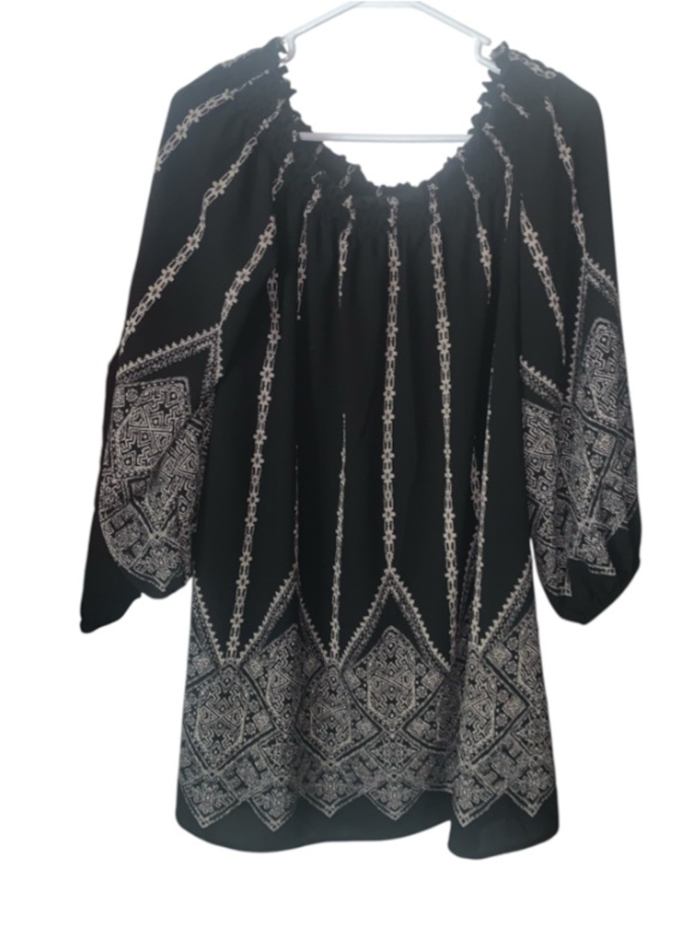 Black Boho Peasant Tunic with Ivory Border Print